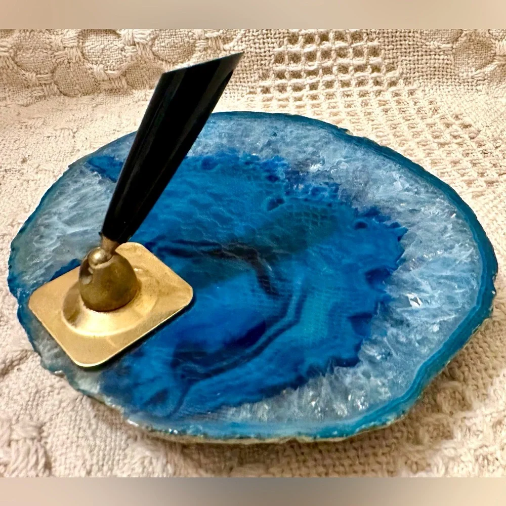 Stunning Blue Agate Slice Pen Holder Polished For Desk